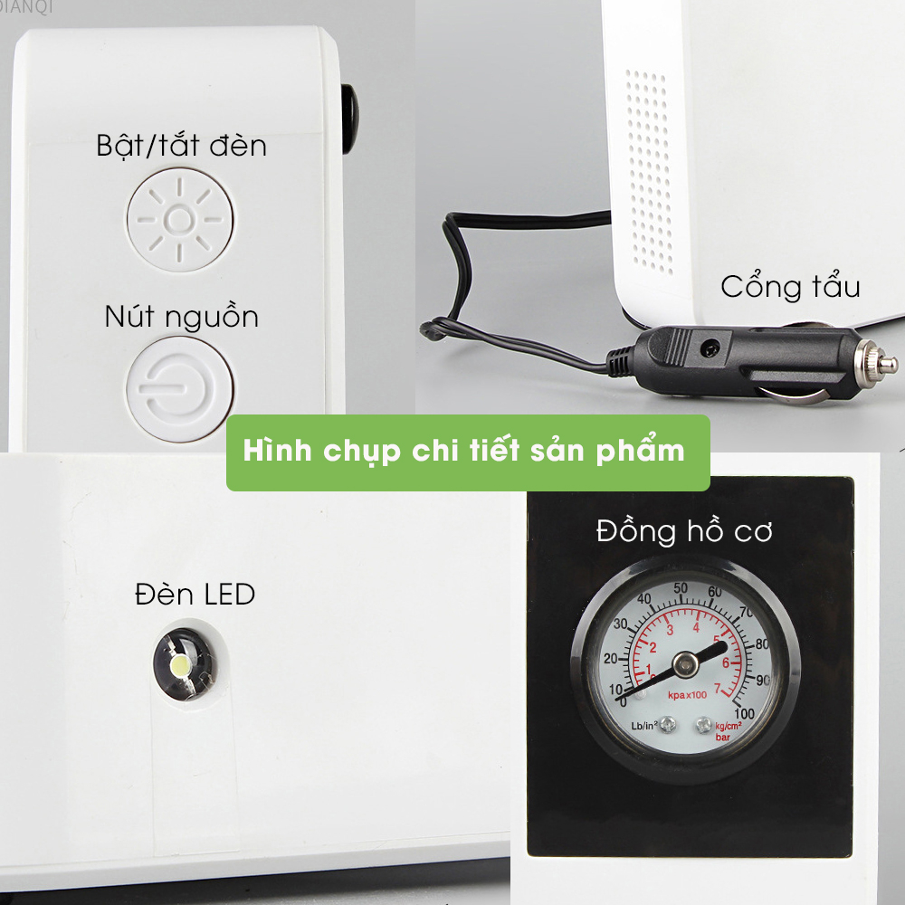 Bơm xe ô tô, máy bơm hơi mini 12V điện tử tự ngắt tích hợp đèn LED, chip chống đoản mạch an phụ kiện oto Tâm Luân