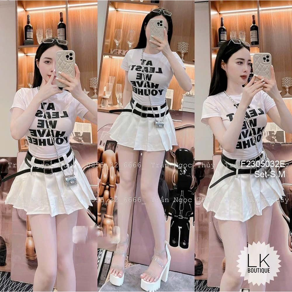 Set bộ áo thun croptop ngực in chữ phối chân váy ngắn xếp ly!
