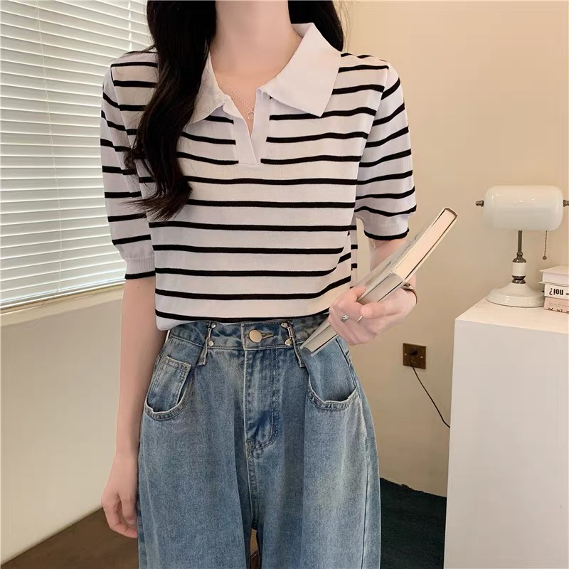 Áo len sọc ngang polo mongtoghi nữ tay ngắn dáng rộng cổ đức thời trang hàng dệt kim chất đẹp phong cách Hàn Quốc