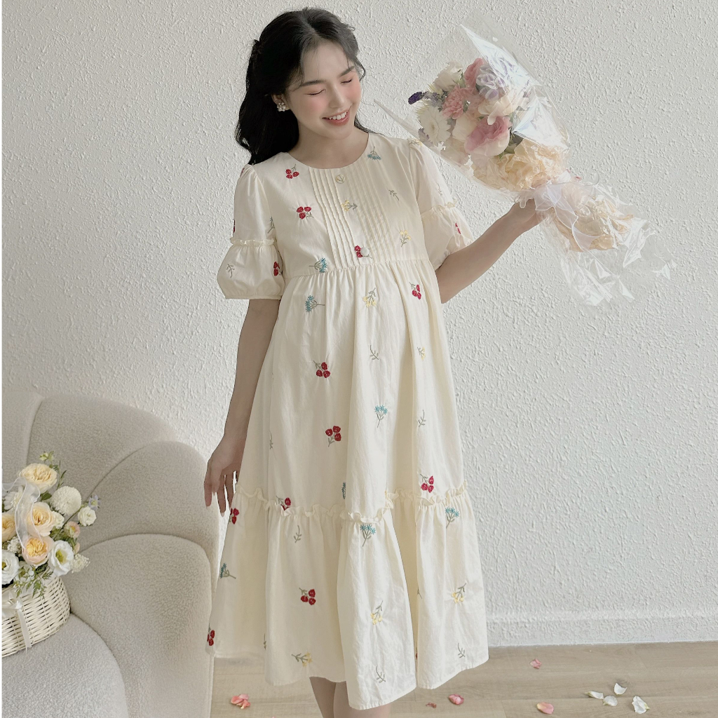 MEDYLA - Váy bầu mùa hè thô boi thêu hoa đầm bầu dự tiệc thiết kế cho bầu đi chơi du lịch - VTN1311