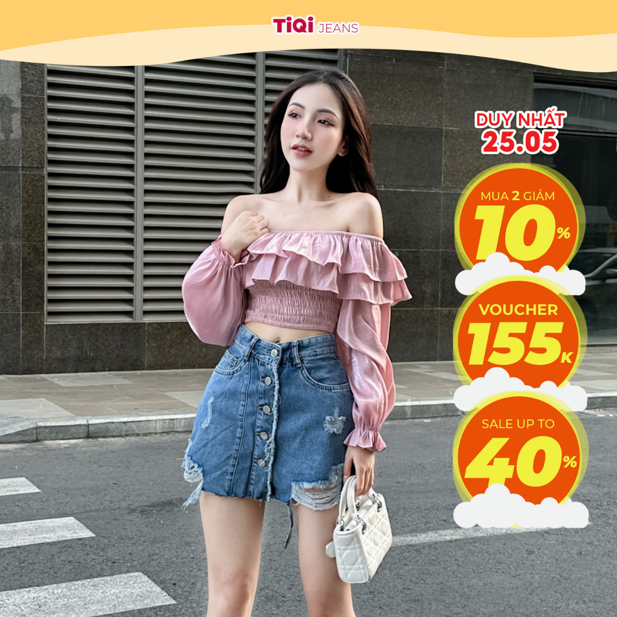 Chân váy jean rách chữ A phối cúc giữa TiQi Jeans V1-269