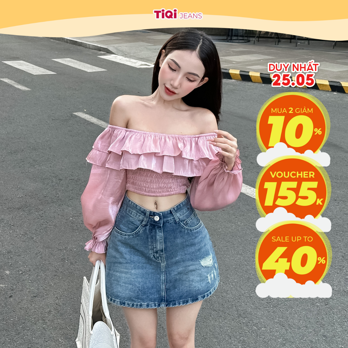 Chân váy jean bò ngắn ôm rách nhẹ TiQi Jeans V1-265