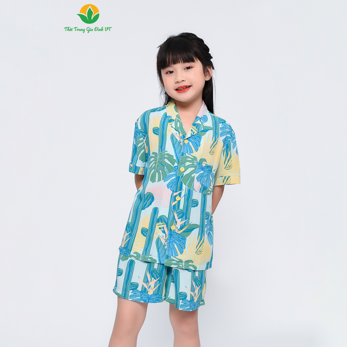 Bộ quần áo pijama lanh bé gái Việt Thắng, bộ đồ đi biển, quần đùi, áo cộc tay - B63.2318