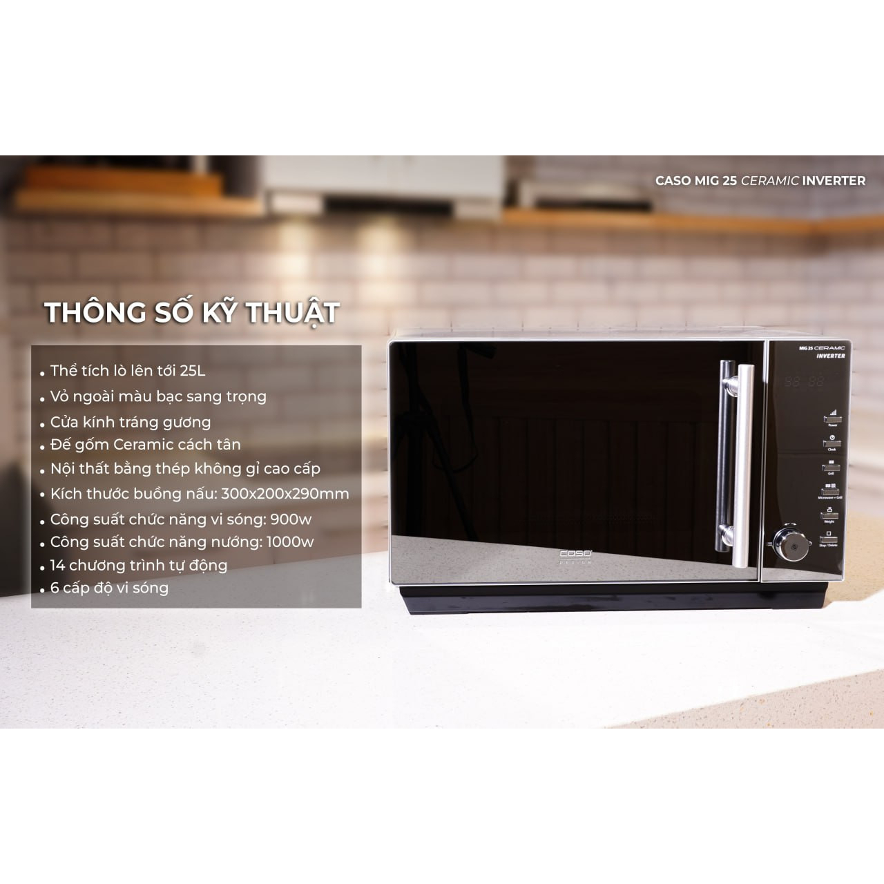 Lò vi sóng kiêm nướng Caso MIG 25 Ceramic công nghệ INVERTER dung tích 25 Lít , hàng Đức