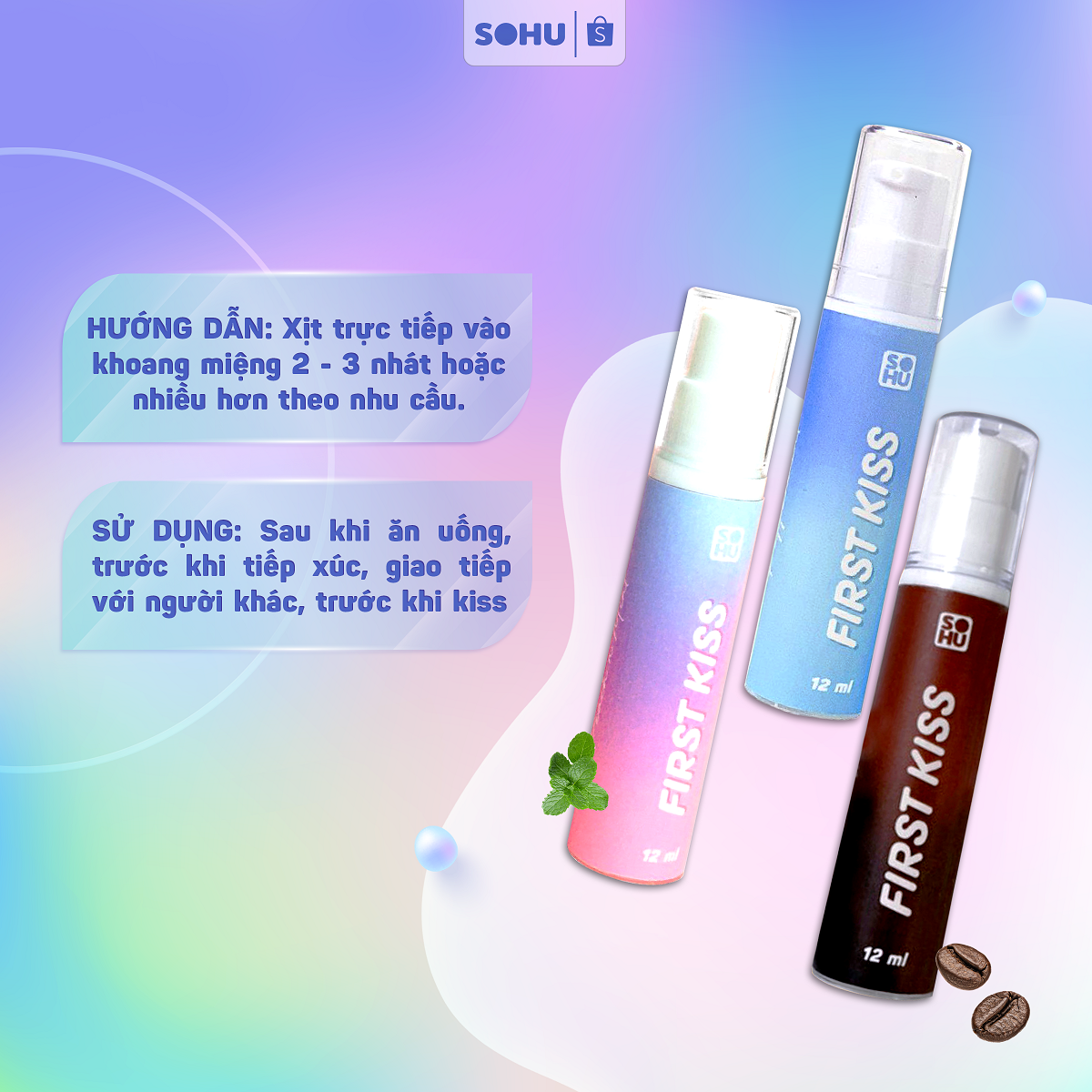 Xịt Thơm Miệng First Kiss SOHU 12ml Nhỏ Gọn Bỏ Túi Tiện Lợi, Sảng Khoái, Thơm Mát Dài Lâu