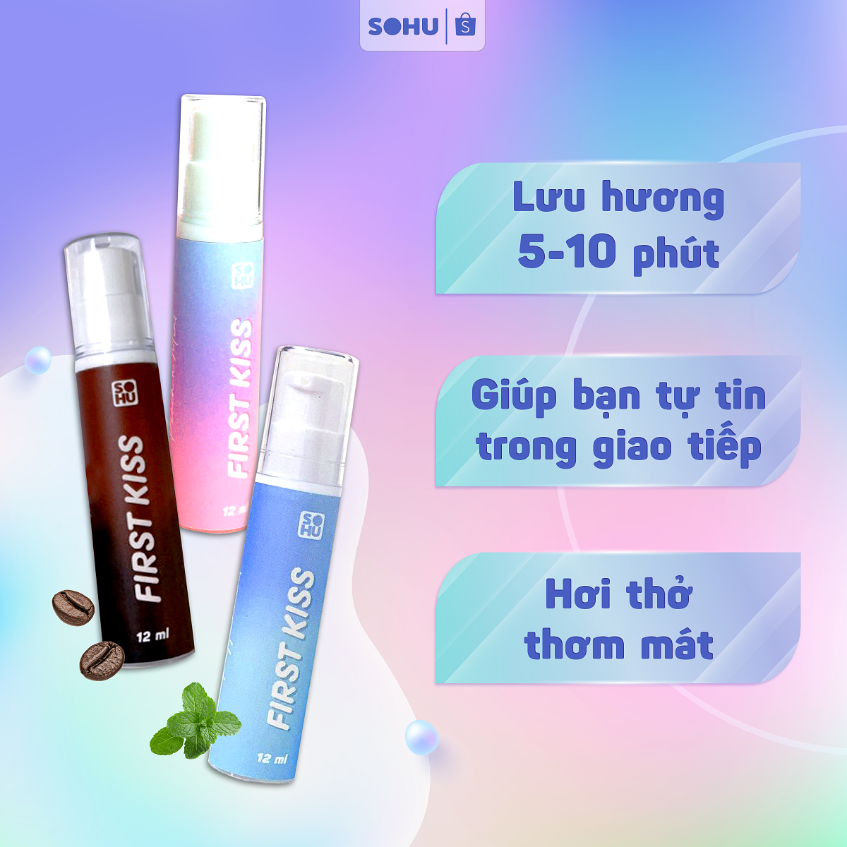 Xịt Thơm Miệng First Kiss SOHU 12ml Nhỏ Gọn Bỏ Túi Tiện Lợi, Sảng Khoái, Thơm Mát Dài Lâu