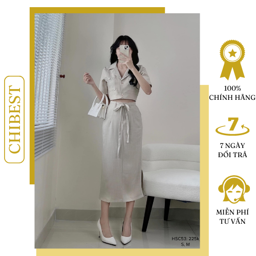 Set bố chân váy dài xẻ áo croptop cổ vest dáng dài dáng dài tiểu thư CHIBEST HSC53