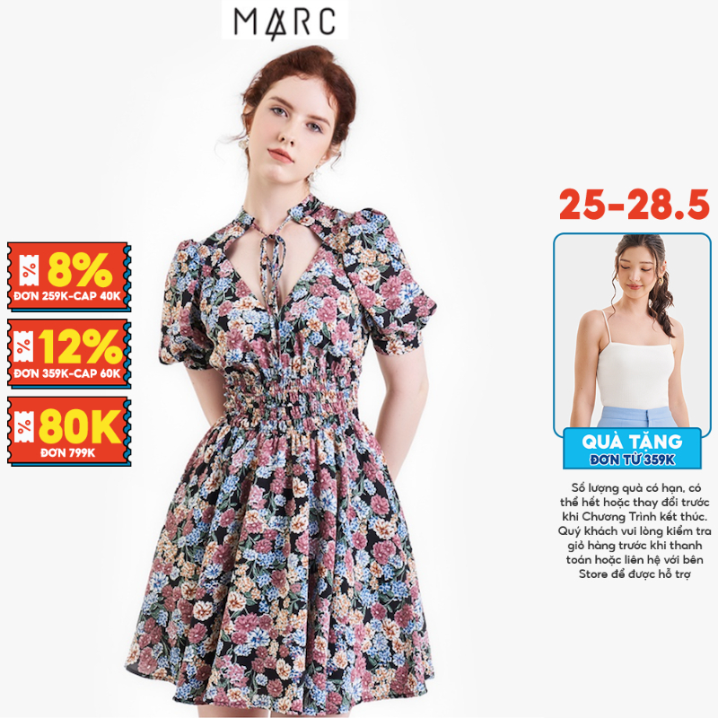Đầm nữ MARC FASHION xẻ V tay phồng cổ đắp cột nơ nhún thun eo TRSH061222
