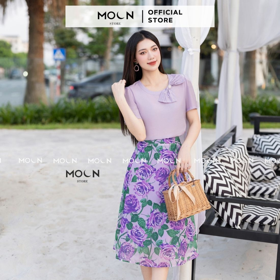 Áo sơ mi ngắn tay chân váy 𝐌𝐎𝐎𝐍 áo chất đũi tơ thiết kế nơ sang chảnh mix chân váy tơ ánh MA176-MCV367