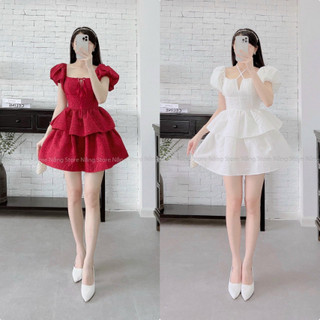 Váy đầm nữ dự tiệc tay phồng cổ vuông cột nơ ngực kiểu dáng xòe 2 tầng chất gấm cao cấp