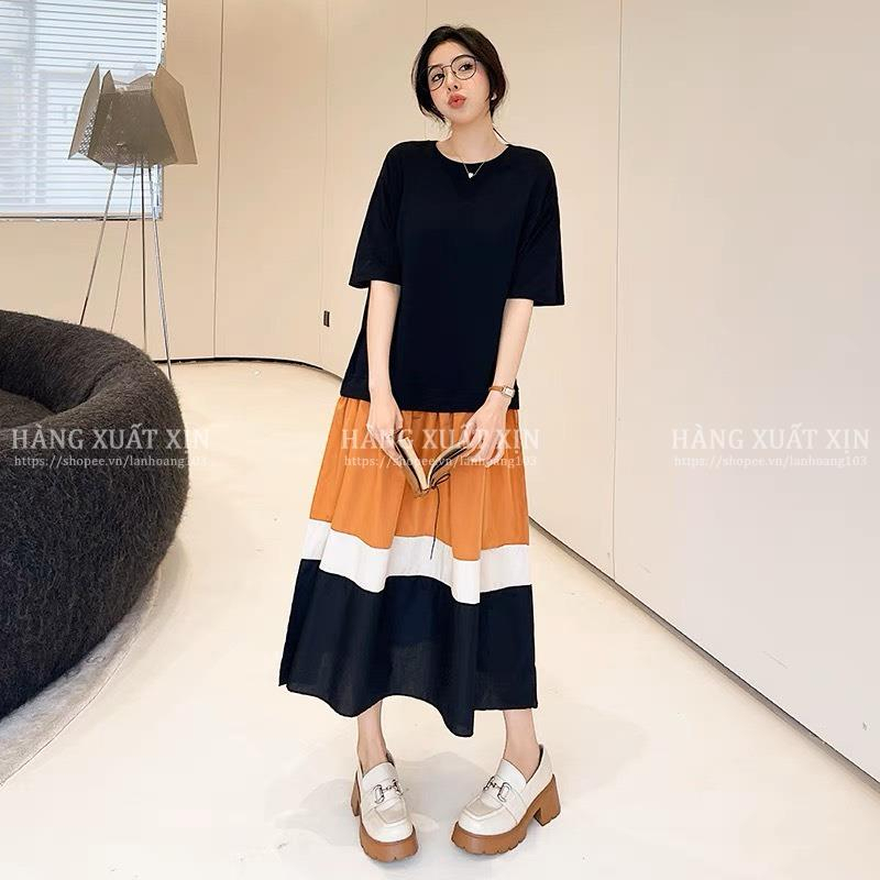 Váy maxi GU cộc tay hàng dư xịn phối màu chất cotton mềm mịn, co giãn
