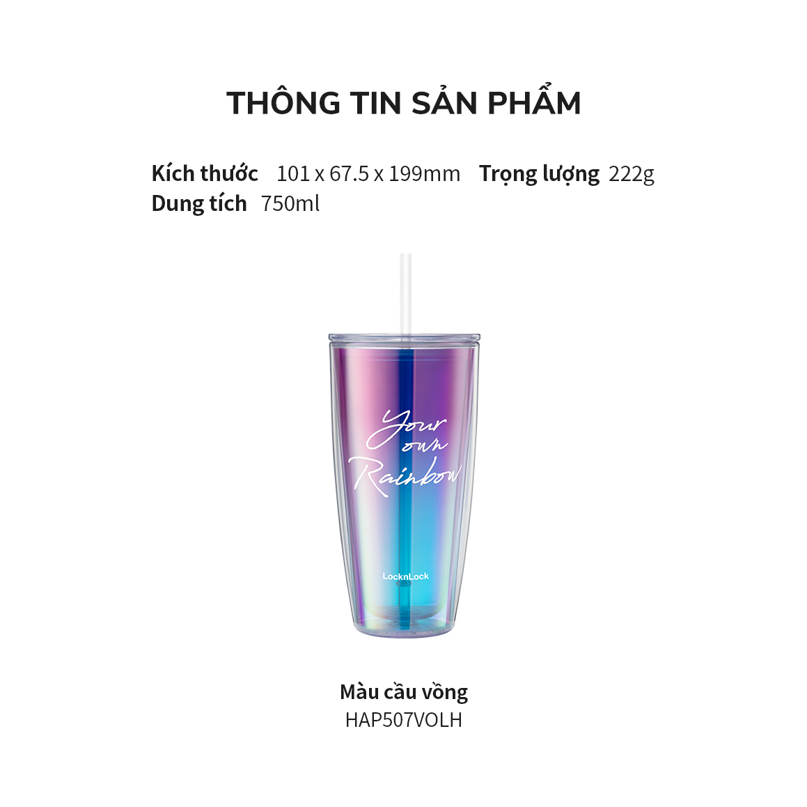 Ly nhựa 2 lớp LocknLock HAP507VOLH - Hàng Chính Hãng màu Violet kèm ống hút Rainbow double wall cold cup HAP507 - K-MALL