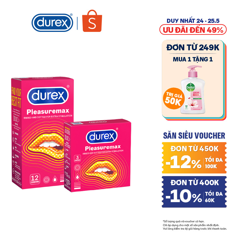 Bộ bao cao su Durex Pleasuremax gân gai, size 56mm, 1 hộp 12 bao và 1 hộp 3 bao