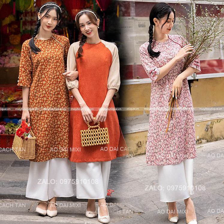 Áo dài nàng thơ MIXI, áo dài dáng suông tay lỡ họa tiết hoa nhí lụa Hàng Châu mềm mát mặc cưới hỏi lễ tết 2024 sang đẹp