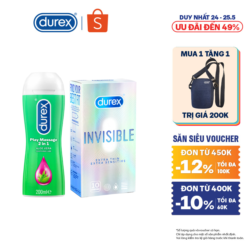 Bộ 1 hộp bao cao su Durex Invisible siêu mỏng  và 1 chai gel bôi trơn Durex Massage 2n1 200ml