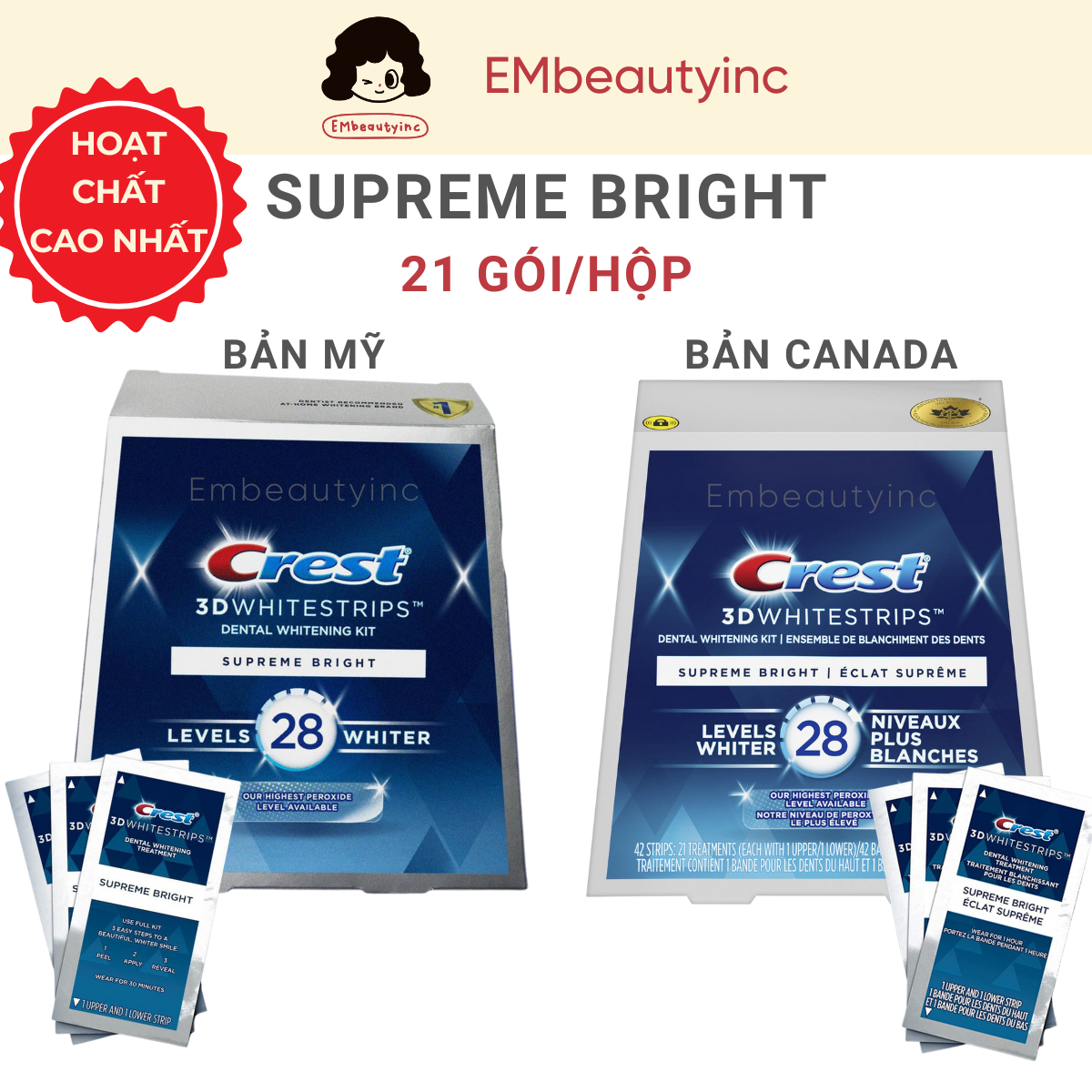 Hộp Full Miếng dán trắng răng Crest Supreme Bright cho răng khỏe