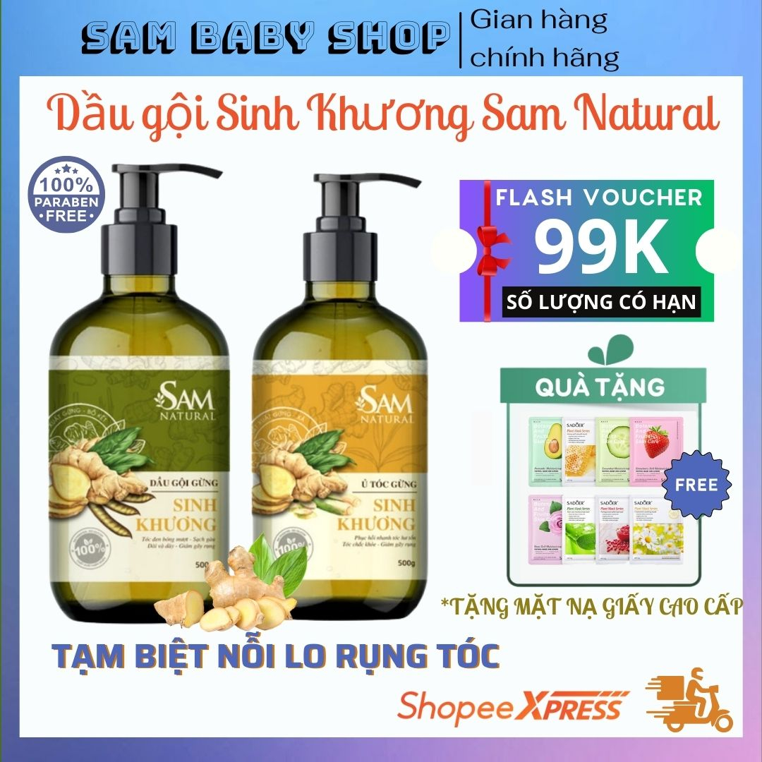 Cặp dầu gội đầu, dầu gội gừng xả Sinh Khương Sam Natural - Dầu gội mọc tóc ngăn rụng tóc 500ml - Sam Baby Shop