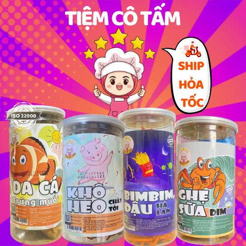 COMBO 4 hộp đồ ăn vặt ghẹ sữa rim, da cá trứng muối, bim bim đậu, khô heo cháy tỏi - Tiệm Cô Tấm Đồ ăn vặt Hà Nội