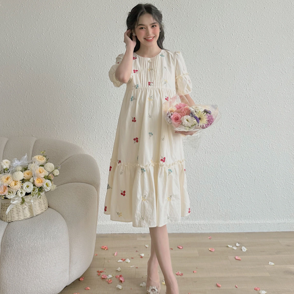 MEDYLA - Váy bầu mùa hè thô boi thêu hoa đầm bầu dự tiệc thiết kế cho bầu đi chơi du lịch - VTN1311