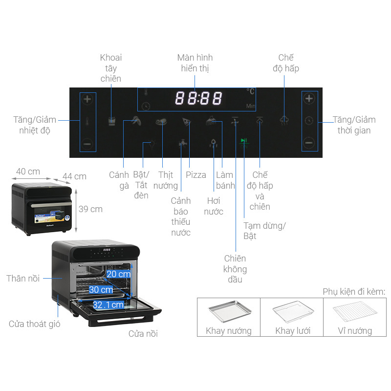 Lò chiên không dầu hơi nước BlueStone AFB-5895 24 lít  BẢO HÀNH CHÍNH HÃNG 24 THÁNG