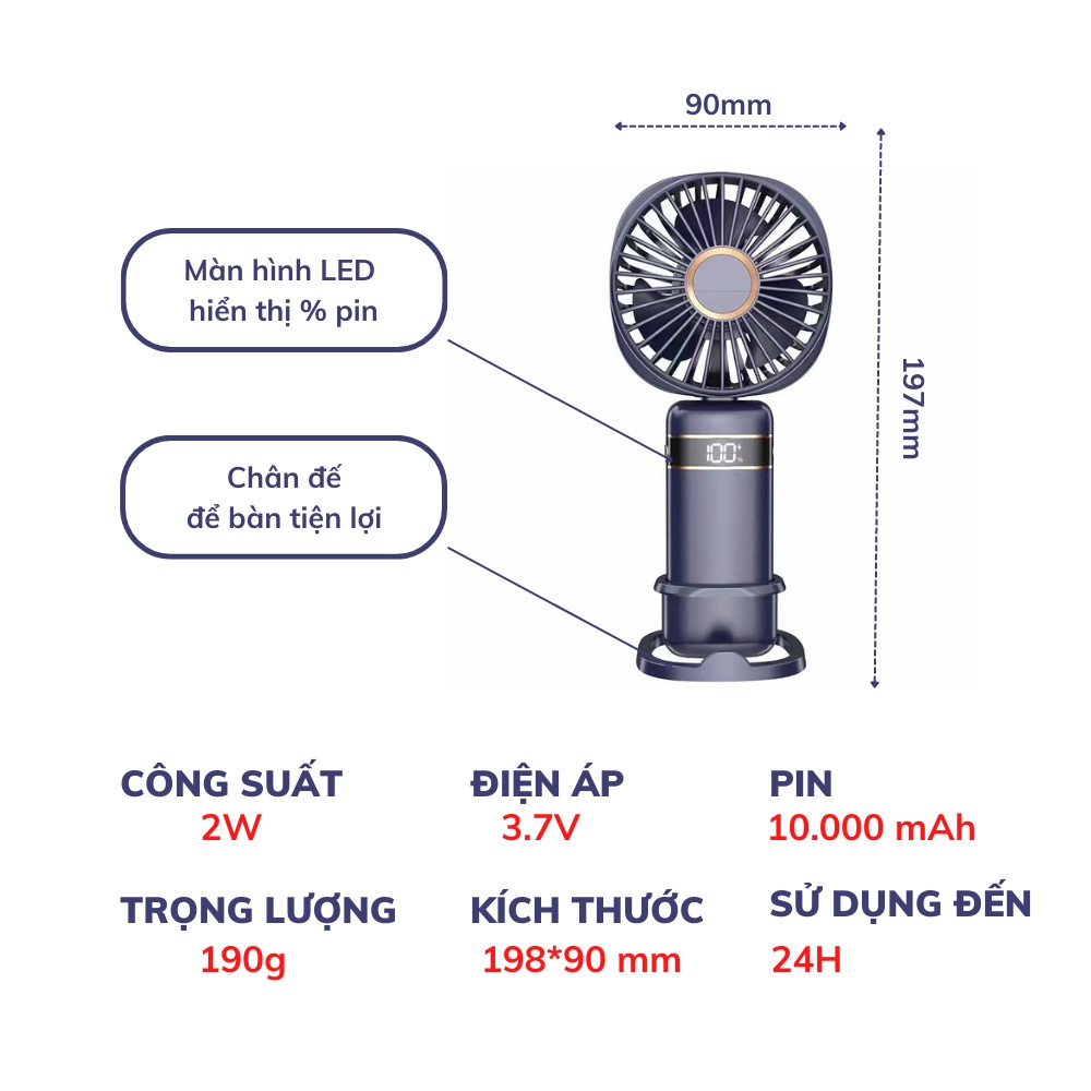 Quạt Cầm Tay Tích Điện Gấp Gọn MINPRO 5 Tốc Độ Gió Xoay Linh Hoạt 90 Độ Có Dây Đeo Cổ Pin 4.000mAh