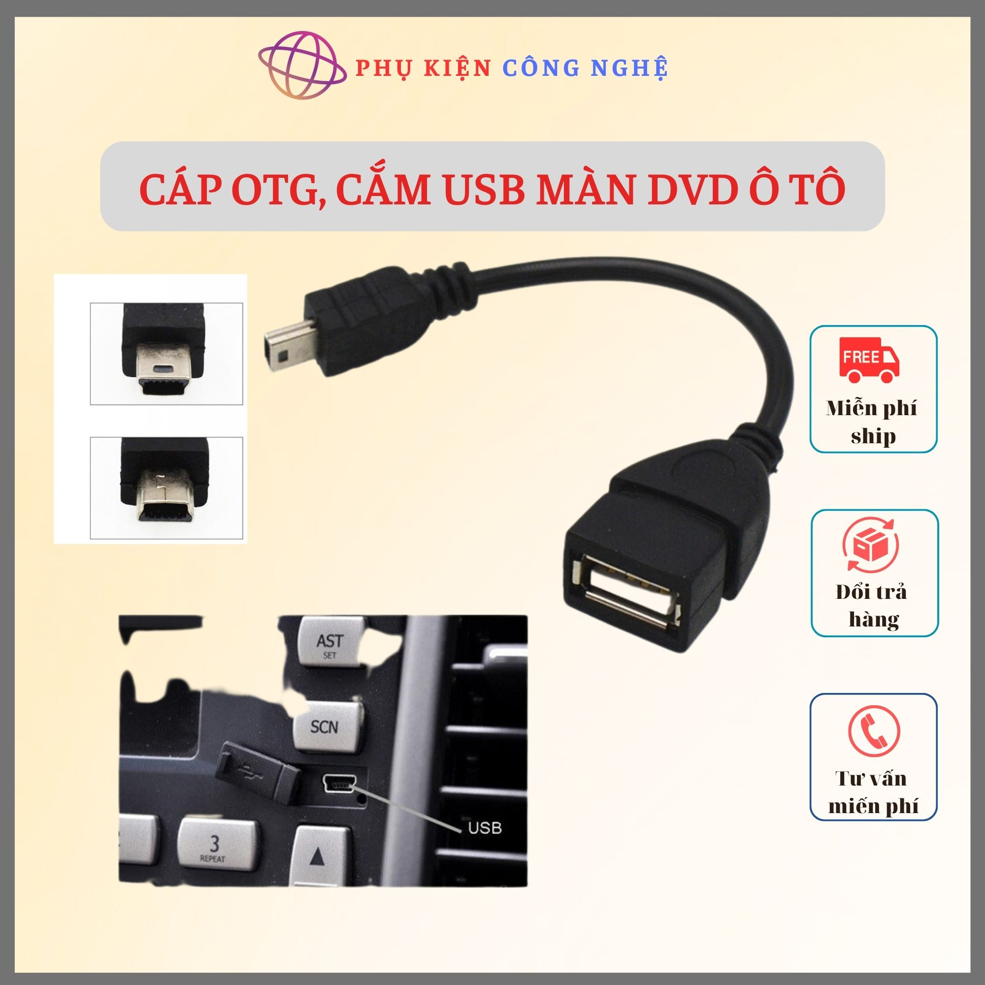 Cáp OTG USB to Mini USB, cáp đầu vuông