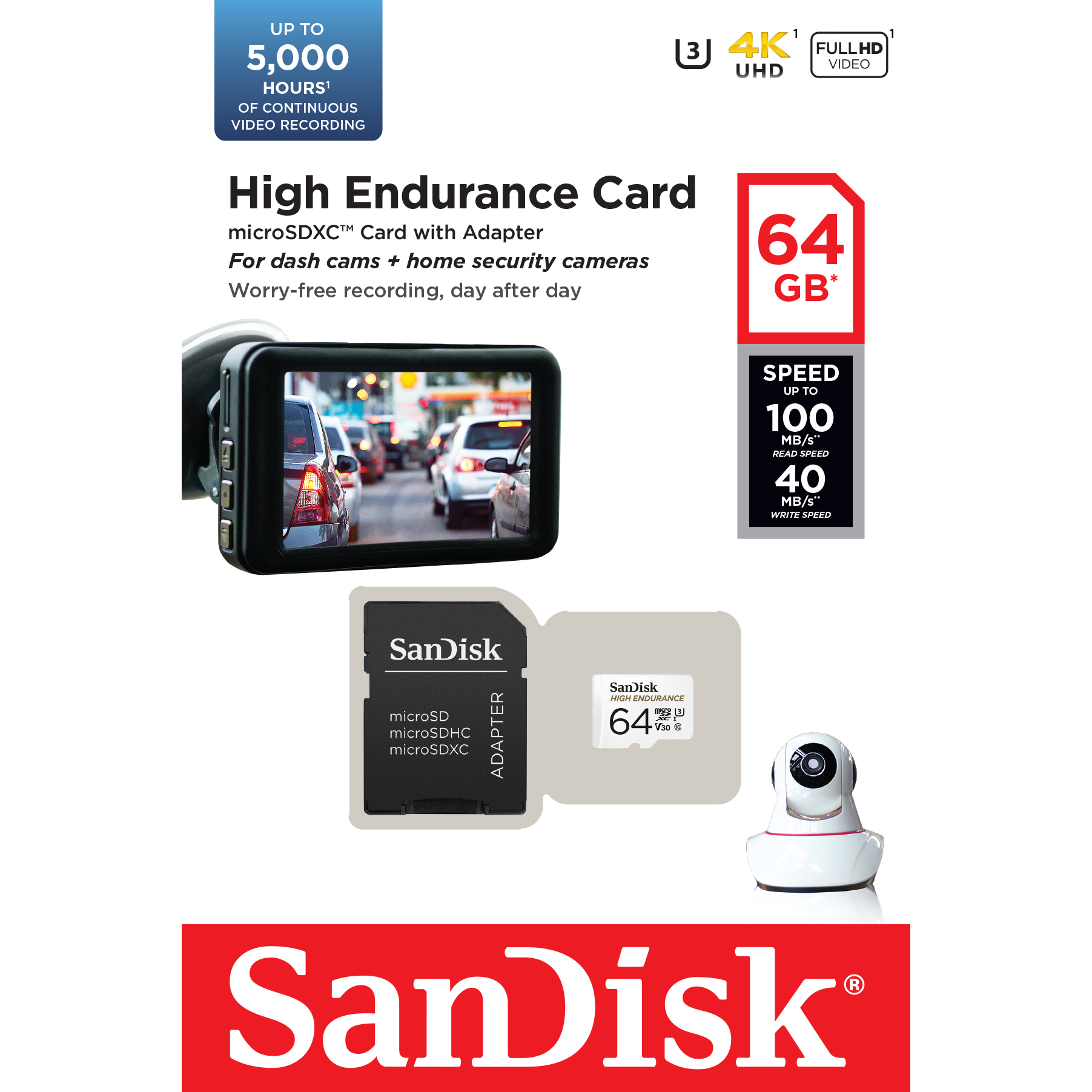 Thẻ nhớ SanDisk High Endurance 64GB microSDXC  UHS-I C10 U3 V30, 100MB/s (kèm adapter) - siêu bền cho camera