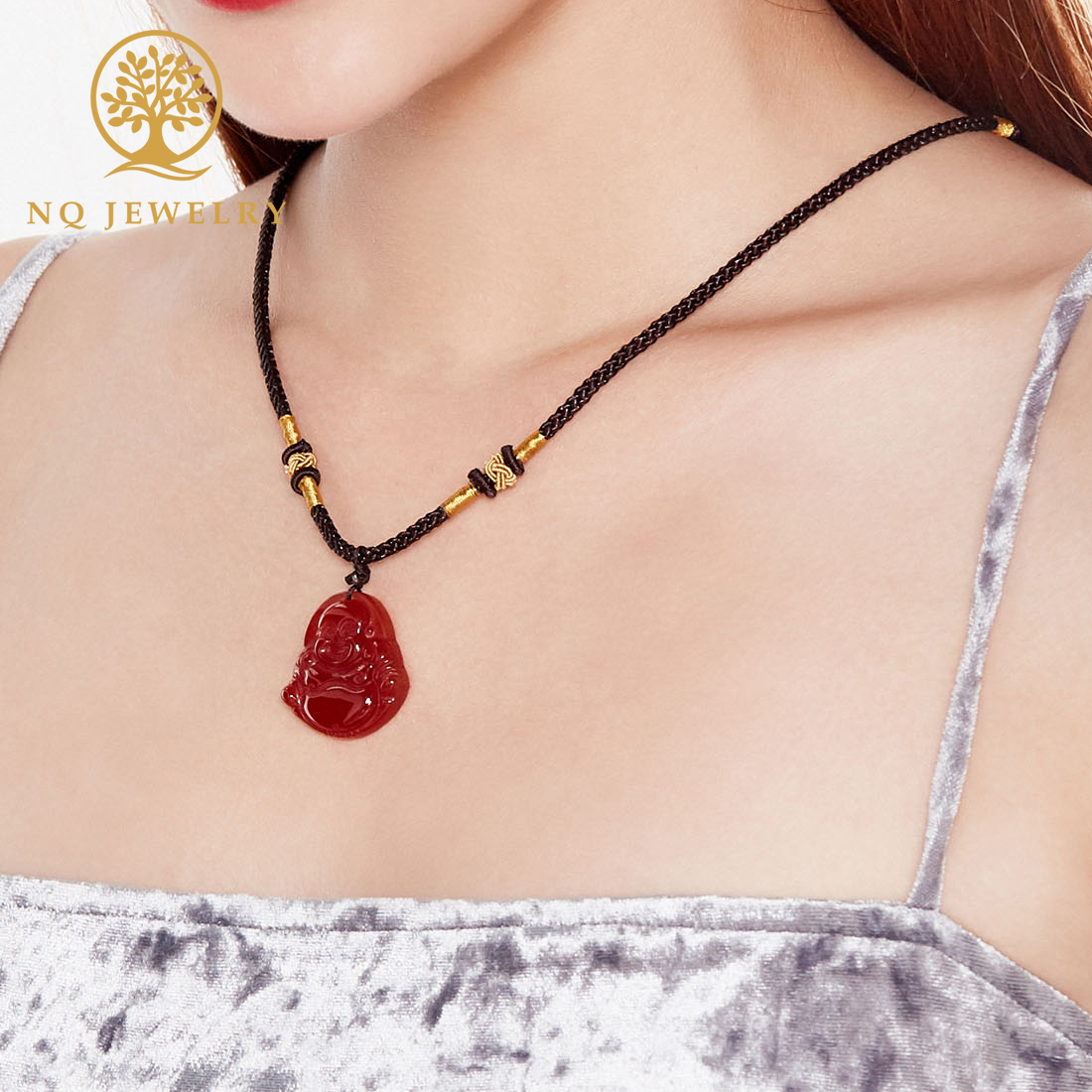 Dây chuyền mặt đá mã não phật Di Lặc - NQ JEWELRY