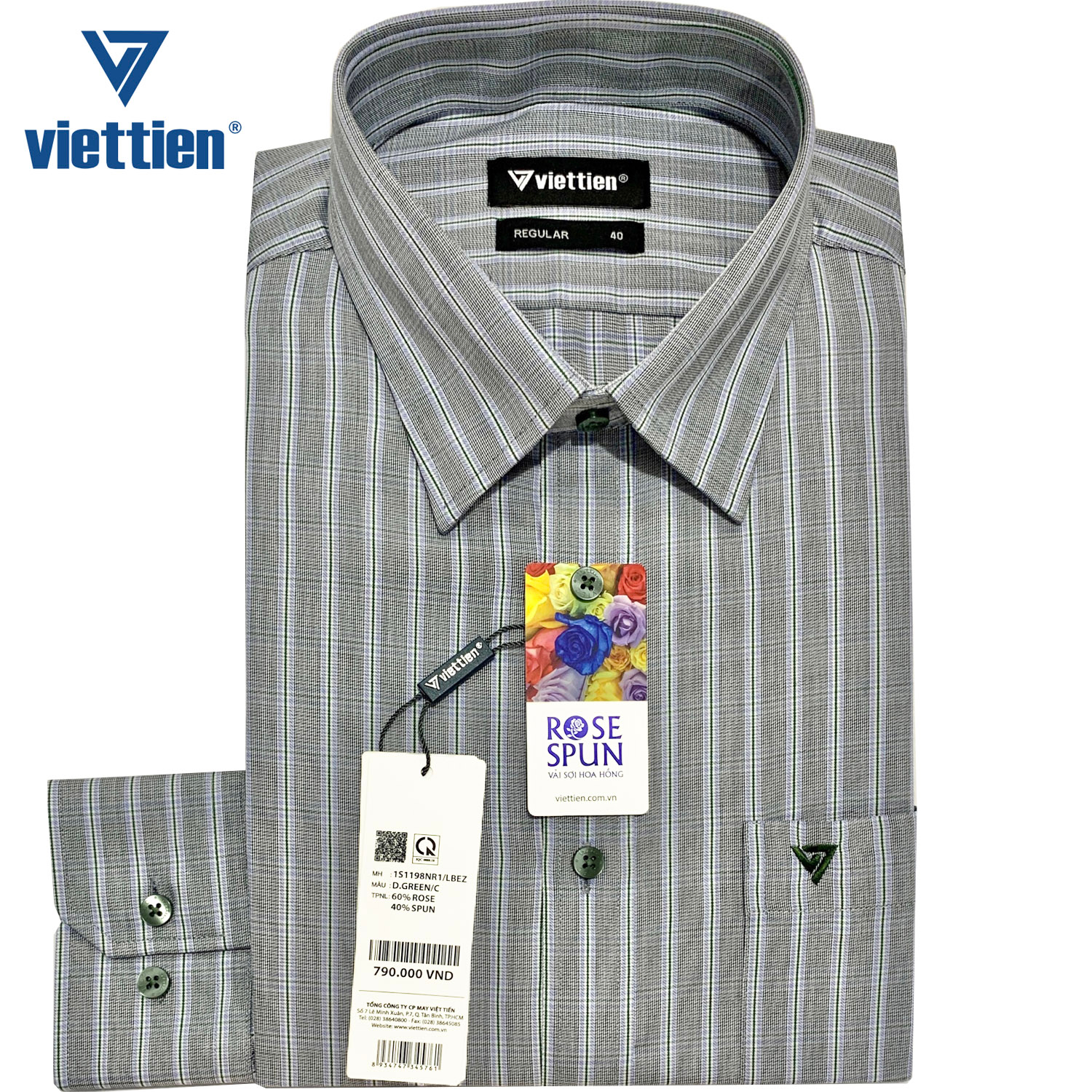 Viettien - Áo sơ mi nam dài tay ca rô cao cấp 1S1198 Regular Xám Vải sợi hoa hồng