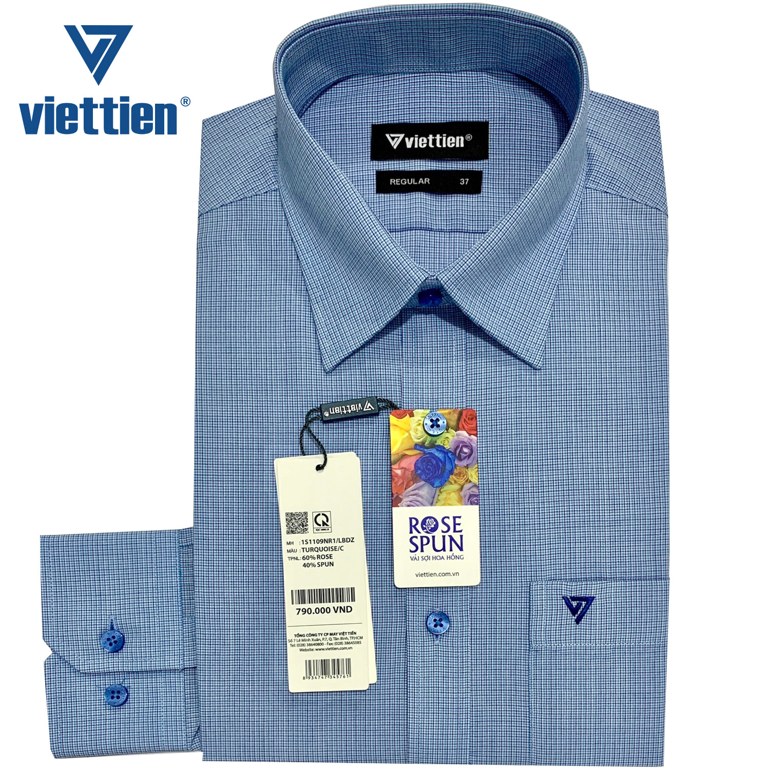 Viettien - Áo sơ mi nam dài tay ca rô cao cấp 1S1109 Regular Xanh Vải sợi hoa hồng