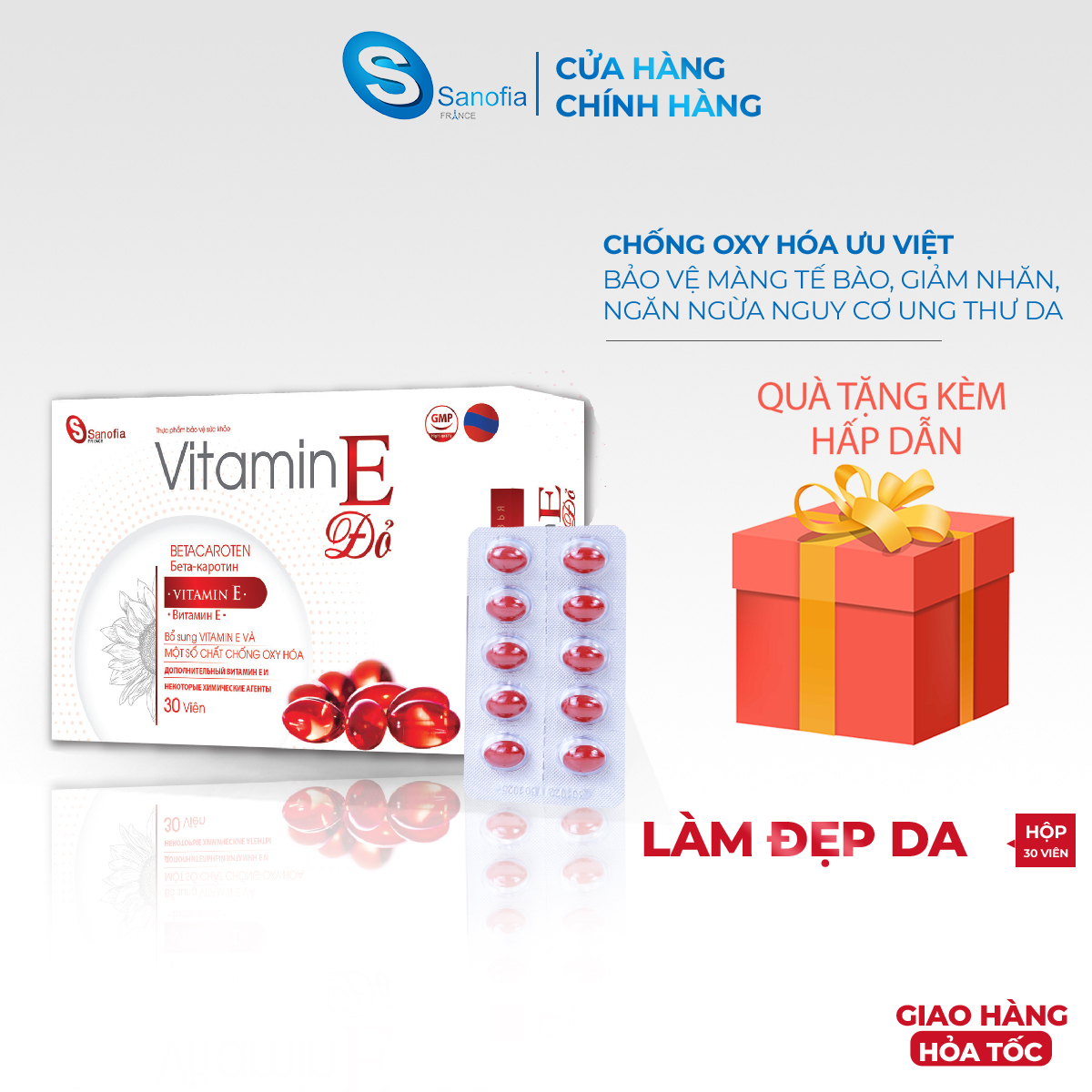 Viên uống vitamin e đỏ vỉ hộp 30 viên bổ sung vtm E giúp làm đẹp da, trắng da, hồi phục da nhăn nheo, làm chậm lão hóa