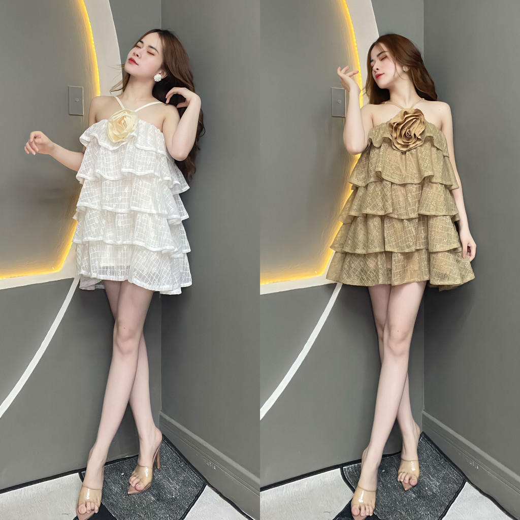 Đầm Thiết Kế Cổ Yếm Phối Hoa Tàng Bèo V971 - Thanh Tự
