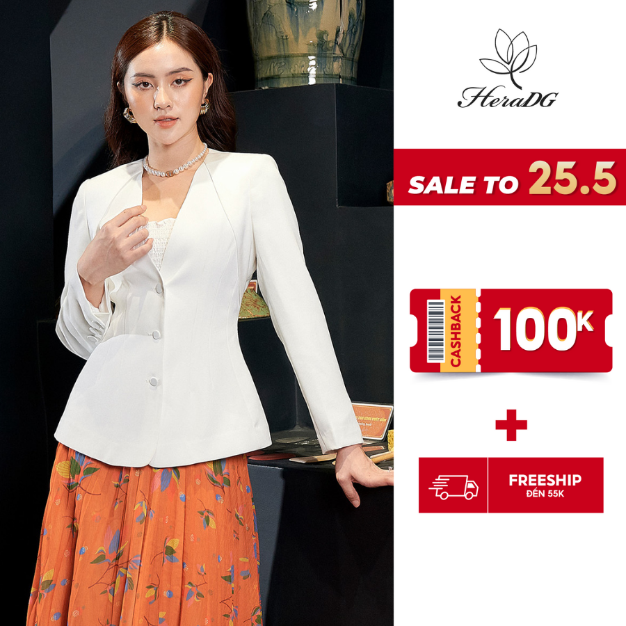Áo vest nữ cổ V HeraDG thiết kế điểm nhấn phần vai ly eo tay cúc áo blazer công sở sang trọng WTBB6011A