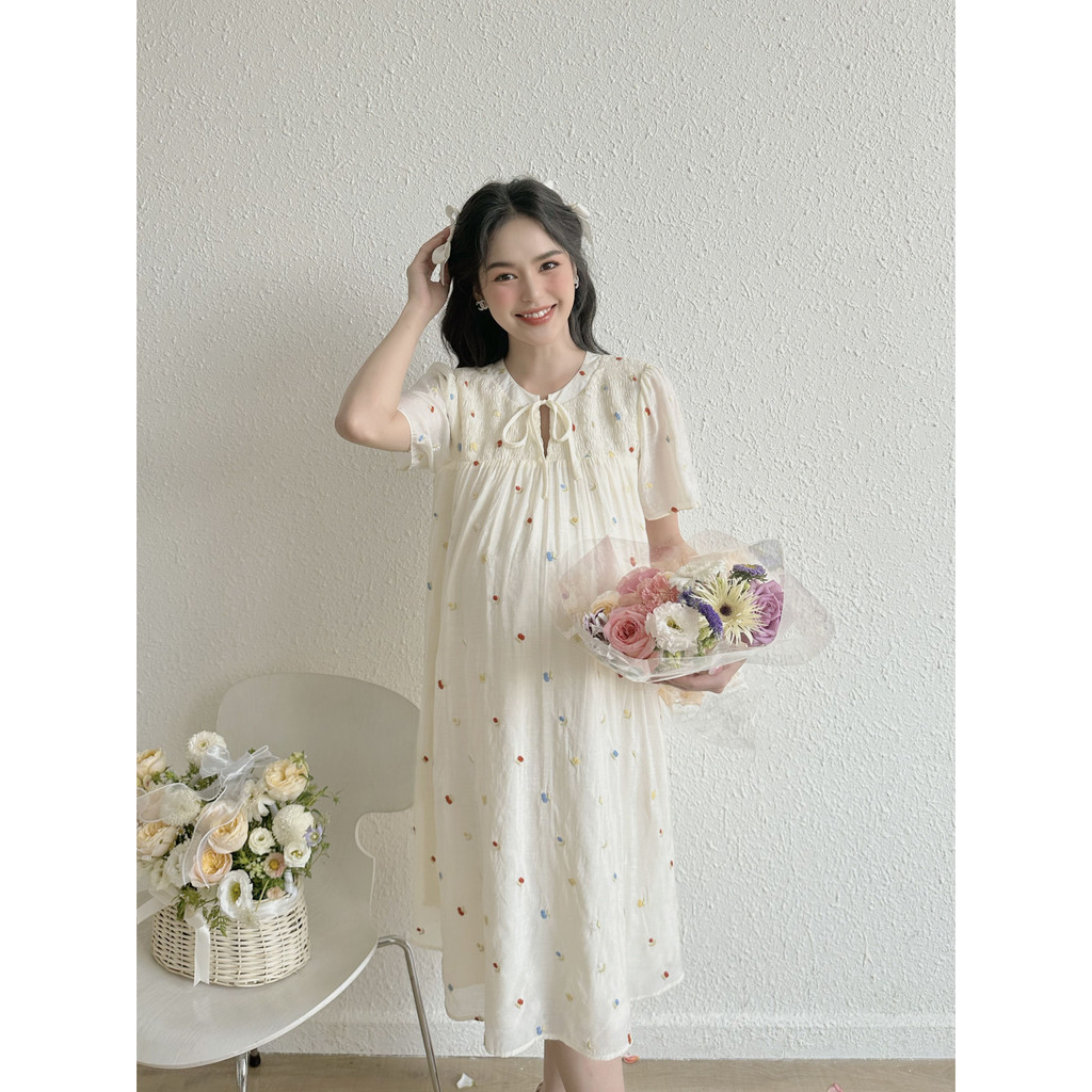 MEDYLA - Váy bầu mùa hè thô boi thêu hoa đầm bầu dự tiệc thiết kế cho bầu đi chơi du lịch - VTX1334