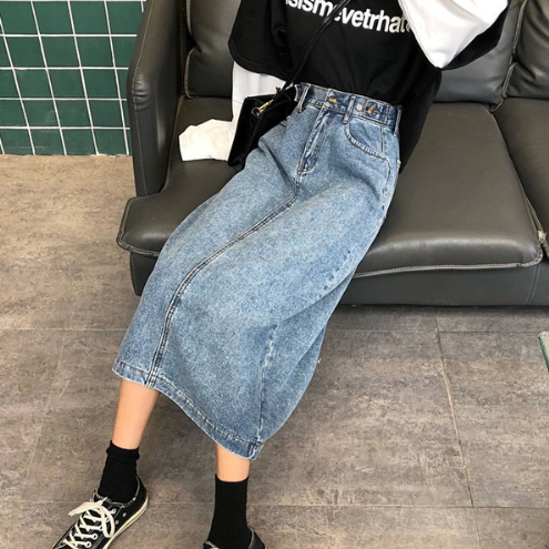 Chân Váy Kaki Jean Dài Xẻ Tà Sau Lưng 3 Nút V004
