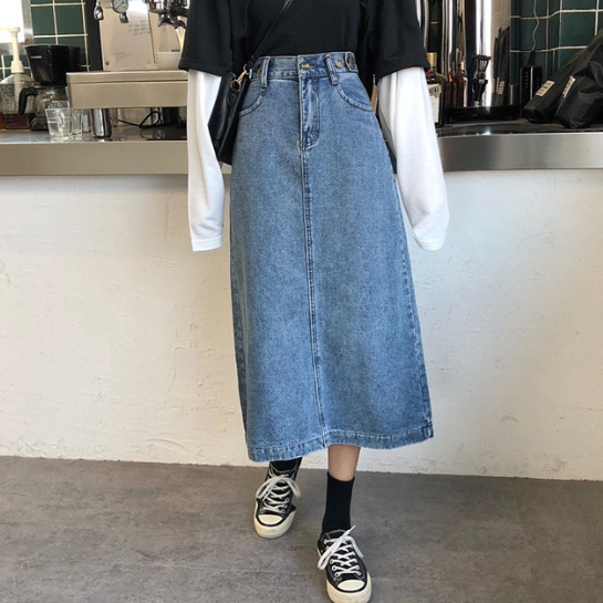 Chân Váy Kaki Jean Dài Xẻ Tà Sau Lưng 3 Nút V004