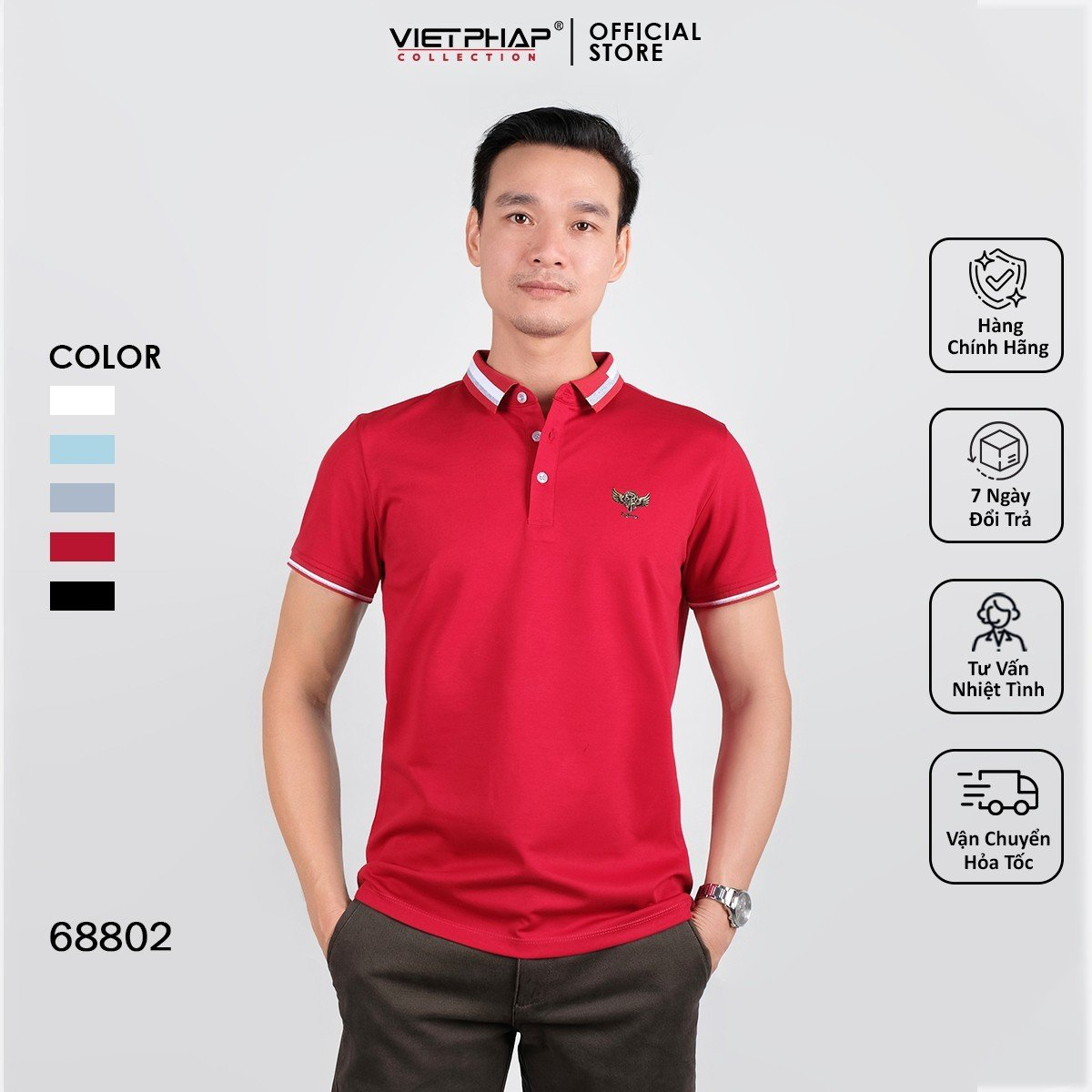 Áo Polo nam VIETPHAP phối logo thanh lịch, vải cotton, FitSoft 68802 - hàng chính hãng