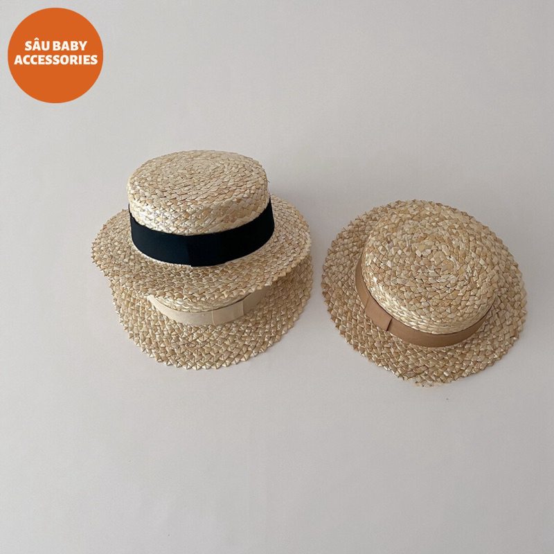 Mũ rơm vành màu có quai đeo giữ mũ siêu tiện lợi phong cách Hàn Quốc cho bé