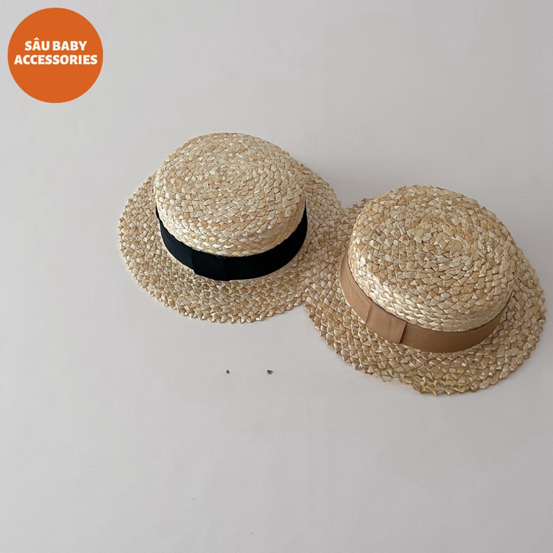 Mũ rơm vành màu có quai đeo giữ mũ siêu tiện lợi phong cách Hàn Quốc cho bé