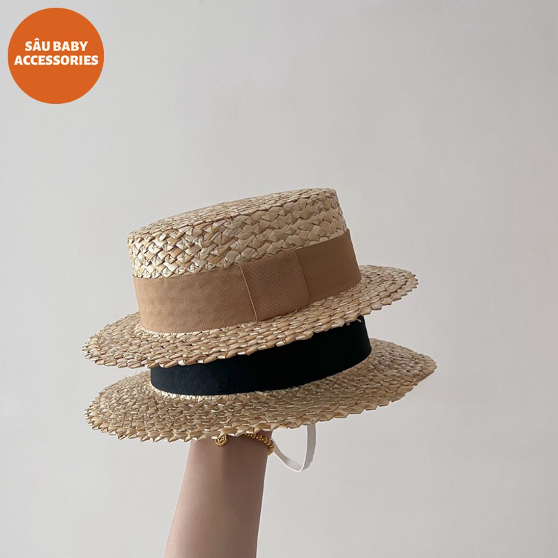 Mũ rơm vành màu có quai đeo giữ mũ siêu tiện lợi phong cách Hàn Quốc cho bé
