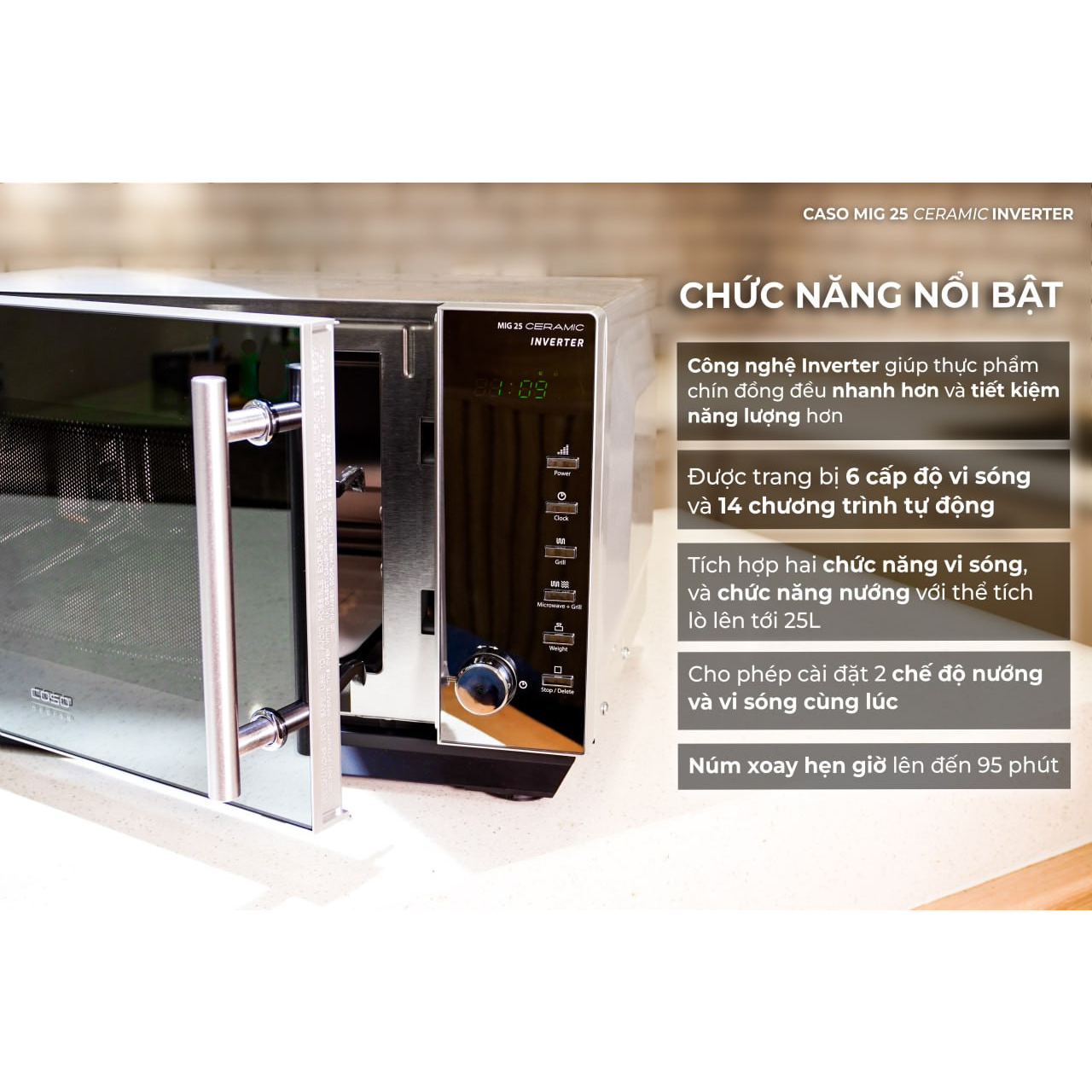 Lò vi sóng kiêm nướng Caso MIG 25 Ceramic công nghệ INVERTER dung tích 25 Lít , hàng Đức