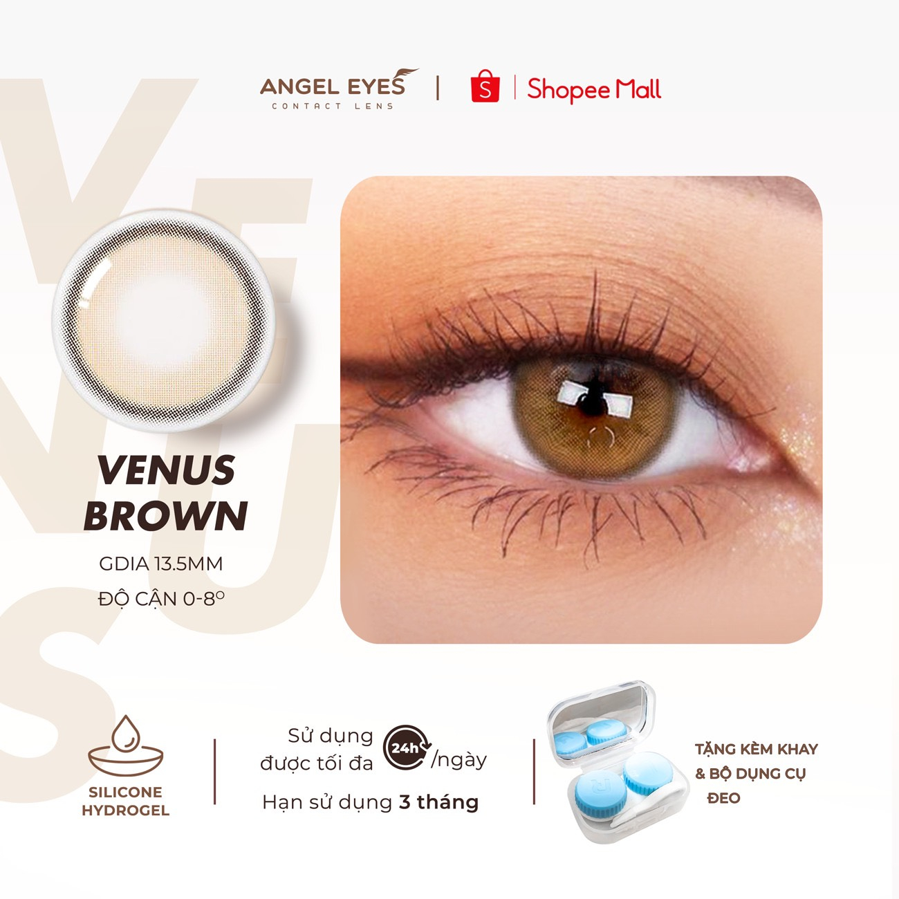 Lens nâu tây có độ cận 0-6 Venus hiệu Angel Eyes chất liệu Silicone Hydrogel đường kính áp tròng 14.0mm