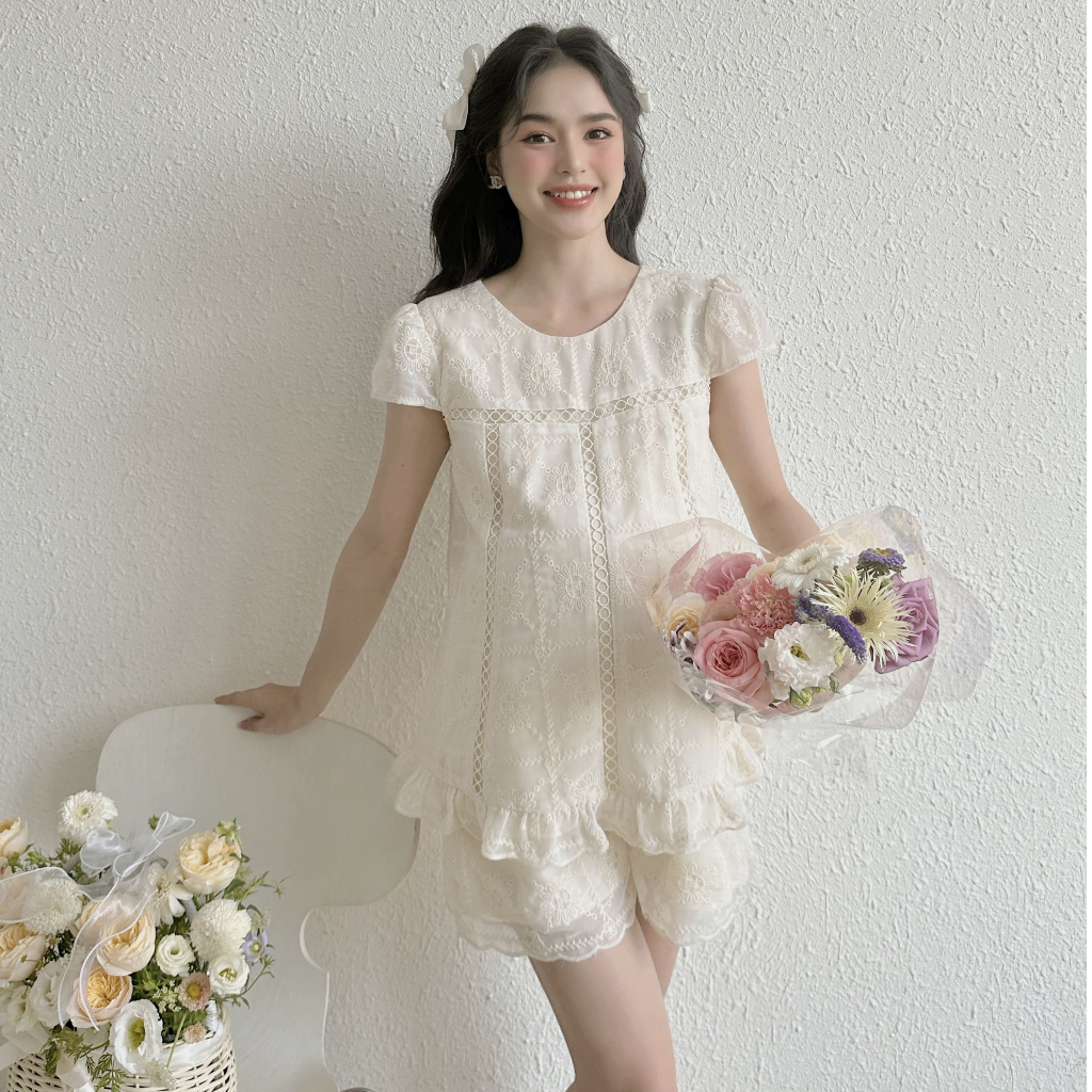 MEDYLA - Bộ bầu mặc nhà thô boi ren hoa cho bầu mặc trong và sau sinh - BTN1329