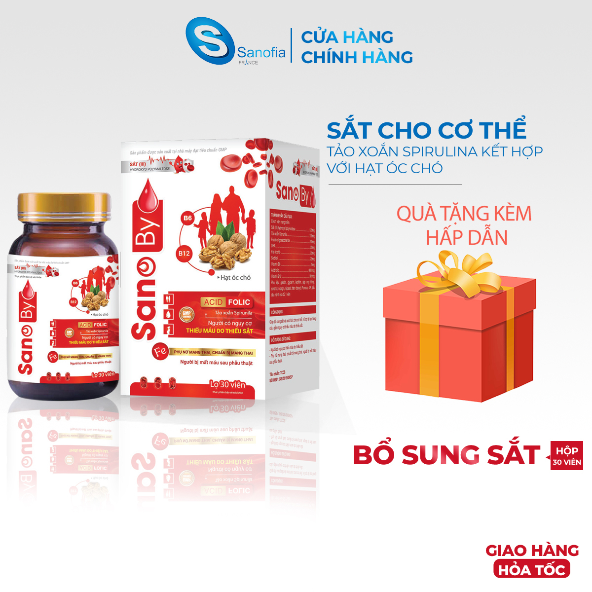 Viên uống bổ sung sắt Sano By bổ máu cho cả nhà, cải thiện tình trạng thiếu máu - Hộp 30 viên từ tảo xoắn Sanofia