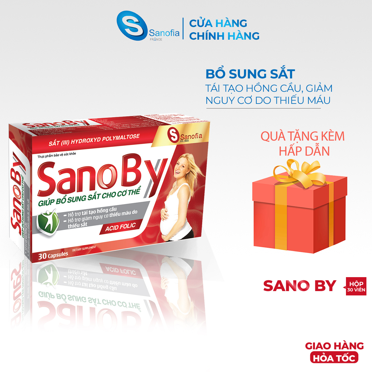 Viên uống bổ sung sắt bổ bầu Sano By dạng vỉ Hộp 30 viên bổ máu, cải thiện tình trạng thiếu máu Sanofia
