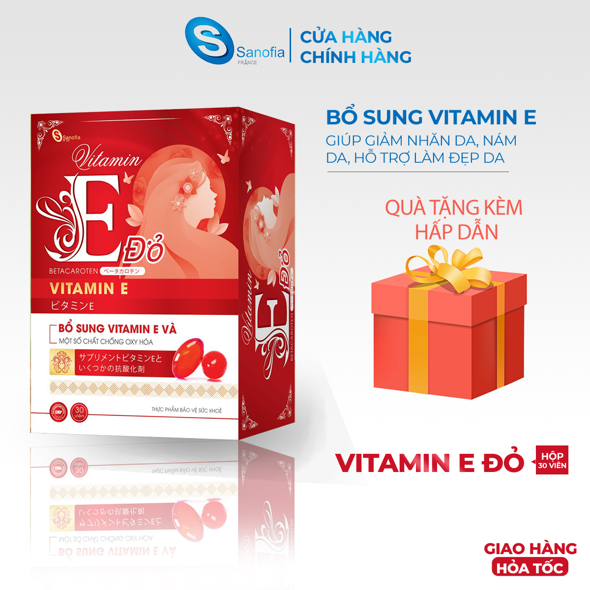 Viên uống bổ sung vitamin E đỏ, tăng cường nội tiết tố hạn chế lão hóa da, giảm nhăn da, làm đẹp da Hộp 30 viên Sanofia