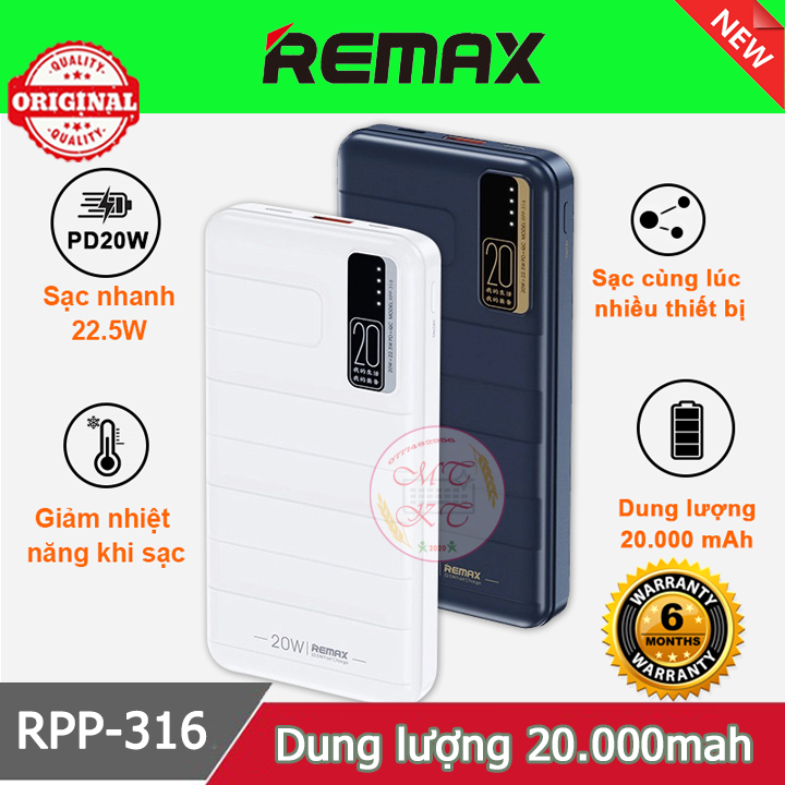 Sạc dự phòng Remax Rpp-316 20.000mah ♥️Freeship♥️Pin sạc dự phòng Remax hỗ trợ QC 22.5W và PD 20W