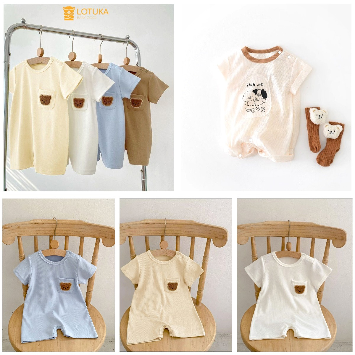 Body Đùi LOTUKA Cho Bé Trai Bé Gái, BodySuit Đính Gấu, Chất Thun Tăm Lạnh Thoáng Mát  Cho Bé 3-12kg