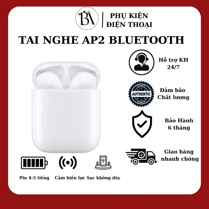 Tai nghe Bluetooth AP 2 Không Dây Full Chức Năng Pin Trâu 4-6h, Định Vị, Đổi Tên, Sạc Không Dây