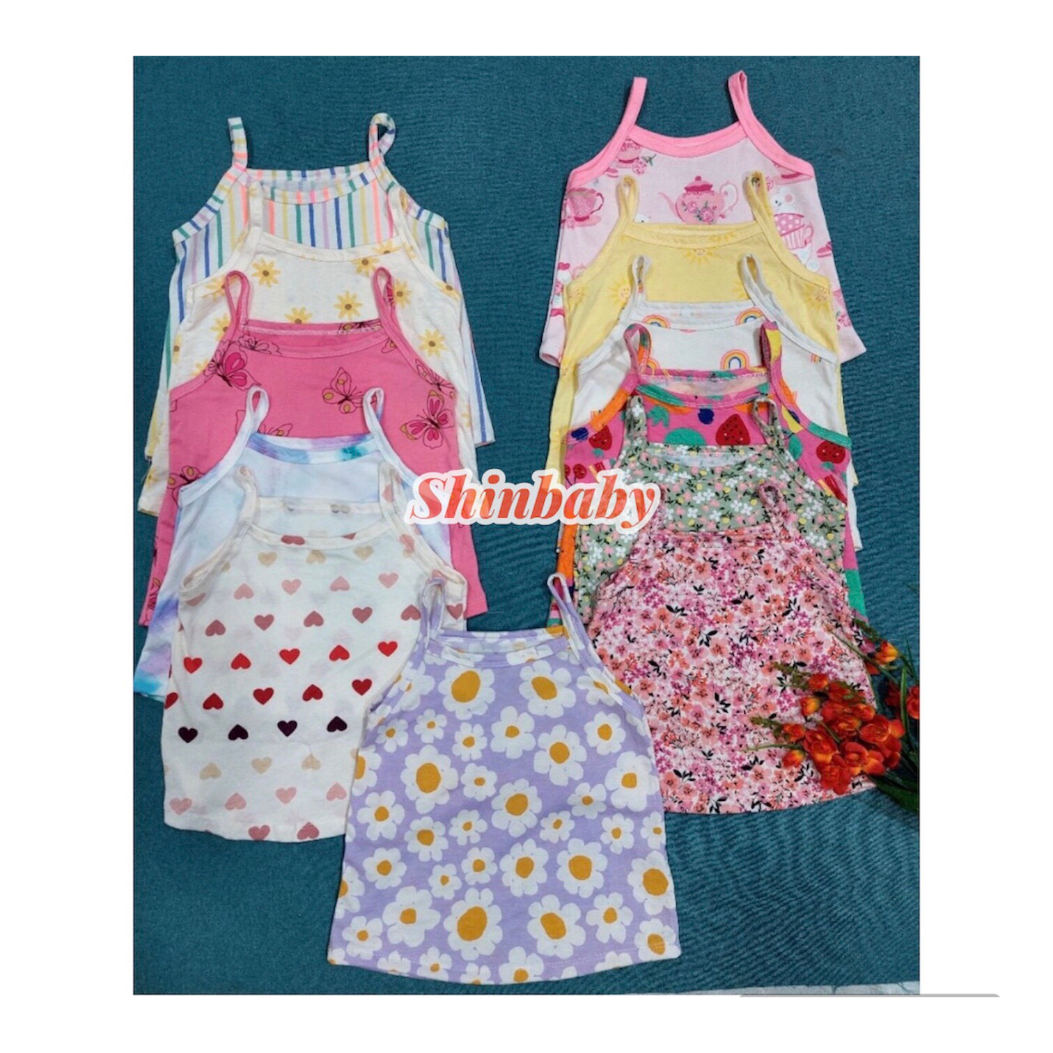 Set 5 áo hai dây cotton xuất dư mềm mát nhiều họa tiết dễ thương cho bé gái